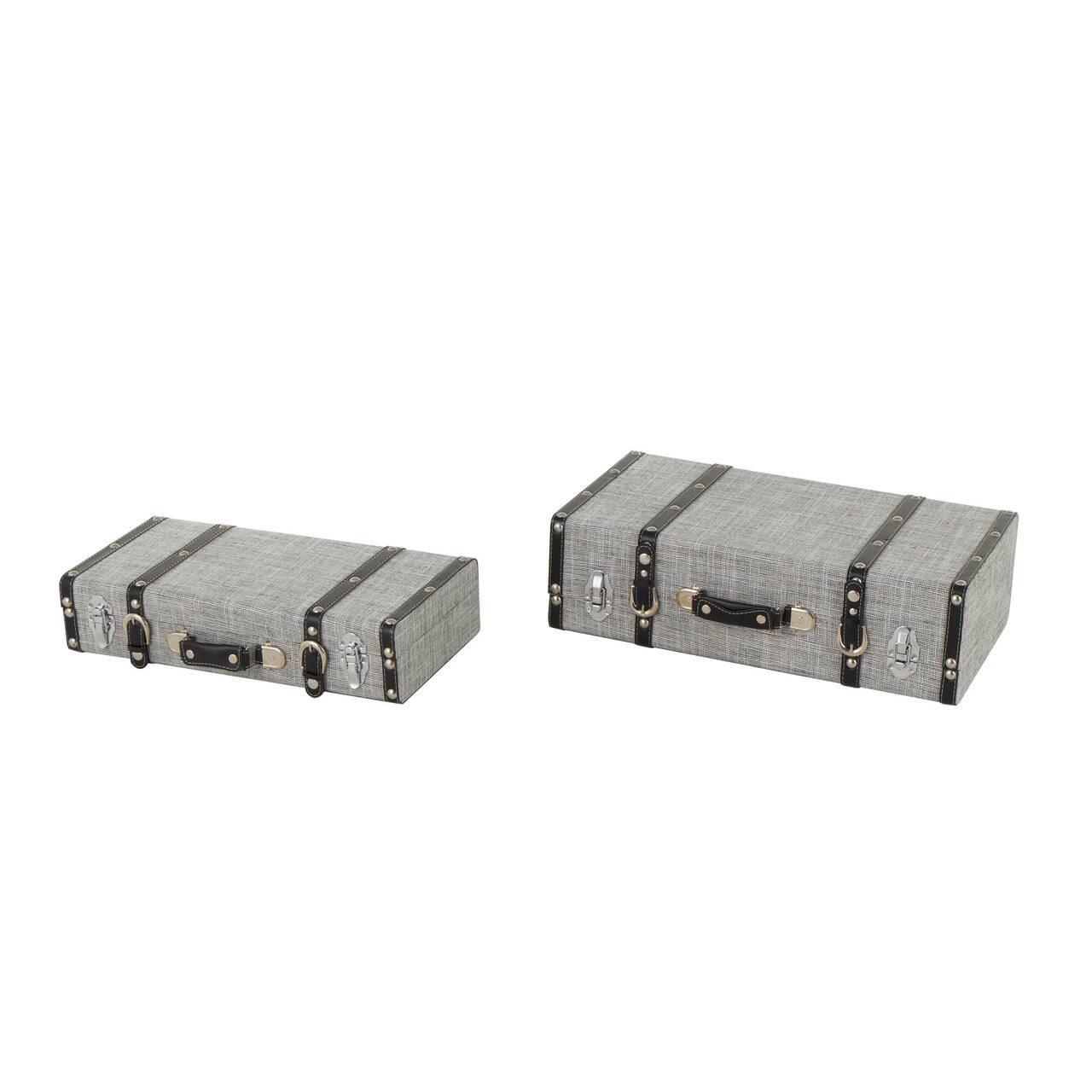 Gray Fabric Woven Storage Decorative Trunk with Silver Latches & Buckles Set